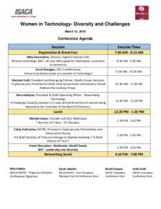 Women in Technology- Diversity and Challenges March 15, 2018 Conference Agenda  Session