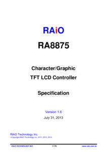 RAiO RA8875 Character/Graphic TFT LCD Controller Specification