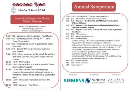 Winter School 2014 Scientific Publication for Clinical Medical Physicists 8.45am – 12.00pm Friday 1st August Russell Strong Auditorium Princess Alexandra Hospital