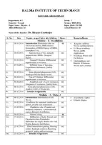 HALDIA INSTITUTE OF TECHNOLOGY LECTURE / LESSON PLAN Department: EE Semester: Second Paper Name: Physics - 1 Alloted Hour(s): 42