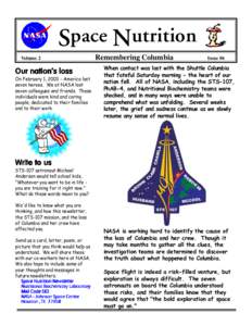 Space Nutrition Volume 2 Our nations loss  On February 1, [removed]America lost
