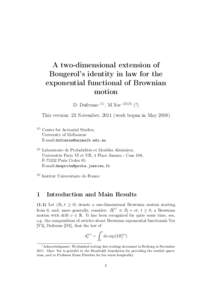 A two-dimensional extension of Bougerol’s identity in law for the exponential functional of Brownian motion (1)
