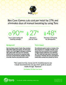 Bee Cave Games cuts cost per install by 27% and eliminates days of manual tweaking by using Toro 90  /mo