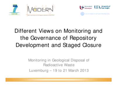 Different Views on Monitoring and the Governance of Repository Development and Staged Closure Monitoring in Geological Disposal of Radioactive Waste Luxemburg – 19 to 21 March 2013