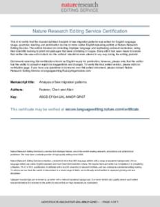 Nature Research Editing Service Certification This is to certify that the manuscript titled Analysis of bee migration patterns was edited for English language usage, grammar, spelling and punctuation by one or more nativ