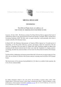 Tribunal Arbitral du Sport  Court of Arbitration for Sport MEDIA RELEASE SWIMMING