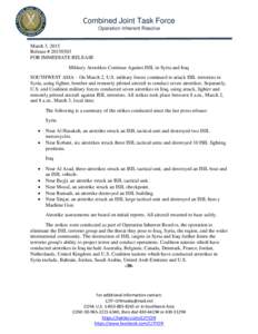 Combined Joint Task Force Operation Inherent Resolve March 3, 2015 Release # [removed]FOR IMMEDIATE RELEASE