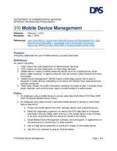 DEPARTMENT OF ADMINISTRATIVE SERVICES INTERNAL POLICIES AND PROCEDURES 310 Mobile Device Management Effective: Reviewed: