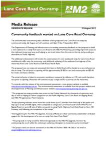 Lane Cove Road On-ramp Media Release IMMEDIATE RELEASE 22 August 2012