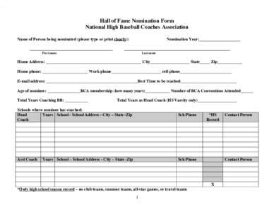 Hall of Fame Nomination Form National High Baseball Coaches Association Name of Person being nominated (please type or print clearly): ________________________________________  Nomination Year:____________________