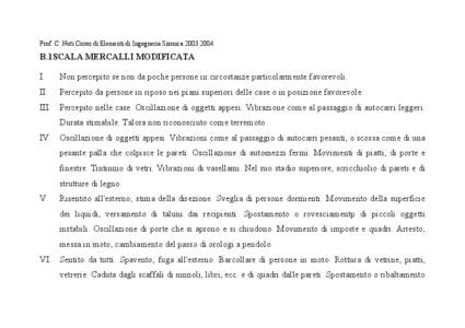 Prof. C. Nuti Corso di Elementi di Ingegneria Sismica[removed]B.1 SCALA MERCALLI MODIFICATA