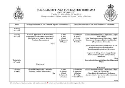 JUDICIAL SITTINGS FOR EASTER TERM[removed]PROVISIONAL LIST) [Tuesday 29th April – Friday 23rd May[removed]Sittings commence: 11.00am Monday, 10.30am on Tuesday – Thursday)  Date