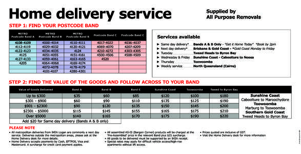Home delivery service  Supplied by All Purpose Removals  STEP 1: FIND YOUR POSTCODE BAND