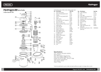 36 Parts Profile  Quote these part numbers when ordering spare parts No.	 Part Name	 Part No. 1.	 Switch illuminated