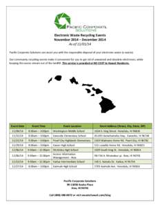 Electronic Waste Recycling Events November 2014 – December 2014 As of[removed]Pacific Corporate Solutions can assist you with the responsible disposal of your electronic waste (e-waste). Our community recycling events