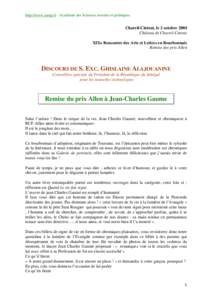 http://www.asmp.fr - Académie des Sciences morales et politiques.  Chareil-Cintrat, le 2 octobre 2004 Château de Chareil-Cintrat XIXe Rencontre des Arts et Lettres en Bourbonnais Remise des prix Allen
