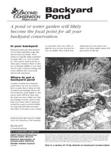 Backyard Pond A pond or water garden will likely become the focal point for all your backyard conservation. In your backyard