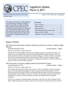 California Postsecondary Education Commission -- Legislative Update, March 2, 2011, Report 10-04