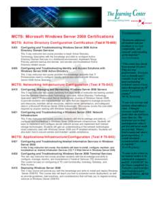 Testimonials:  MCTS: Microsoft Windows Server 2008 Certifications MCTS: Active Directory Configuration Certification (Test # 