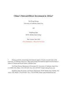 China’s Outward Direct Investment in Africa* Yin-Wong Cheung University of California, Santa Cruz and