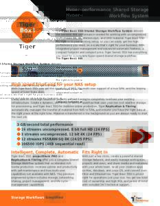Hyper-performance Shared Storage Workflow System The Tiger Box1 SSD Shared Storage Workflow System delivers the extreme disk performance needed for working with uncompressed, multi-stream 8K, 4K, stereoscopic, and UHD ma