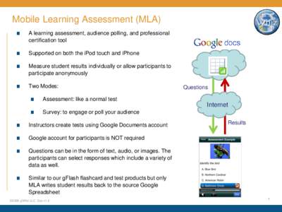 Mobile Learning Assessment (MLA) A learning assessment, audience polling, and professional certification tool Supported on both the iPod touch and iPhone Measure student results individually or allow participants to part