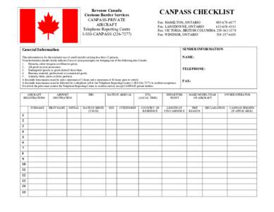 Revenue Canada Customs Border Services CANPASS-PRIVATE AIRCRAFT Telephone Reporting CentreCANPASS)