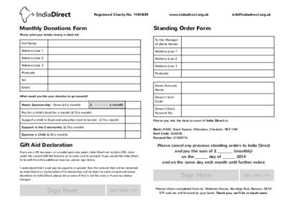 Registered Charity NoMonthly Donations Form Please print your details clearly, in black ink  www.indiadirect.org.uk
