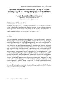 Malaysian Journal of Distance Education 18(1), 53–E-learning and Distance Education: A Study of Iranian Teaching English as a Foreign Language Masters Students Fatemeh Hemmati* and Hamid Mojarrad University 