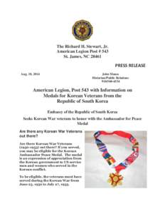 The Richard H. Stewart, Jr. American Legion Post # 543 St. James, NC[removed]PRESS RELEASE Aug. 18, 2014