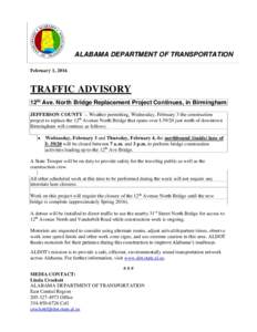 S  ALABAMA DEPARTMENT OF TRANSPORTATION FOR IMMEDIATE RELEASE February 1, 2016