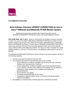 Microsoft Word - FINAL_Alere INRatio Voluntary Urgent Correction Press Release Dec 2014.docx