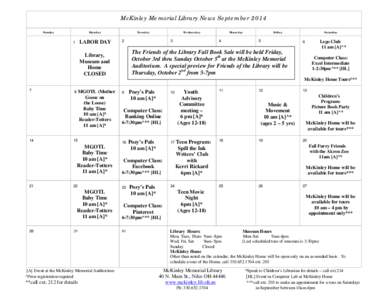 McKinley Memorial Library News September 2014 Sunday Monday  LABOR DAY
