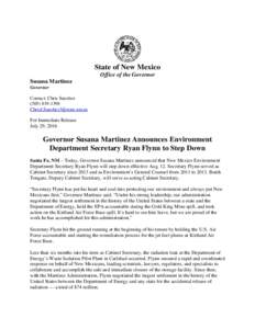 State of New Mexico Office of the Governor Susana Martinez Governor Contact: Chris Sanchez