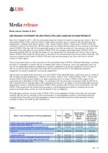 Media release Media release: October 8, 2015 UBS RELEASES STATEMENT ON UBS ETRACS ETNs AND LAUNCHES SIX NEW PRODUCTS New York, October 8, 2015 – UBS AG announced today that it does not intend to issue any new notes in 