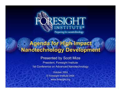 Agenda for High Impact Nanotechnology Development Presented by Scott Mize President, Foresight Institute 1st Conference on Advanced Nanotechnology October 2004