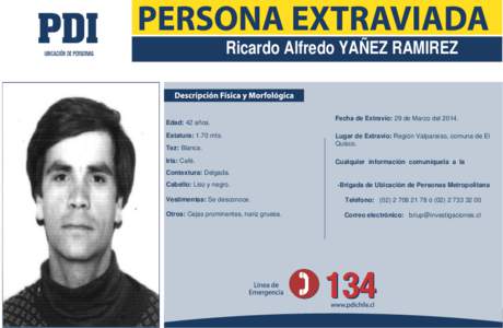 Ricardo Alfredo YAÑEZ RAMIREZ  Edad: 42 años. Estatura: 1.70 mts. Tez: Blanca. Iris: Café.