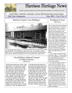 Monthly newsletter of Harrison County Historical Society, PO Box 411, Cynthiana, KY, Award of Merit—Publication—Newsletter or Journal, 2007 Kentucky History Awards Program 25th Year Celebration