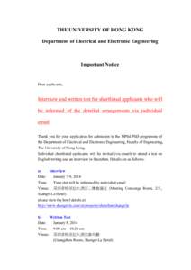 THE UNIVERSITY OF HONG KONG Department of Electrical and Electronic Engineering Important Notice  Dear applicants,