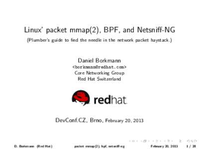 Linux’ packet mmap(2), BPF, and Netsniff-NG (Plumber’s guide to find the needle in the network packet haystack.) Daniel Borkmann <borkmann@redhat.com> Core Networking Group