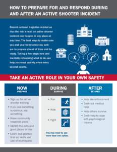 HOW TO PREPARE FOR AND RESPOND DURING AND AFTER AN ACTIVE SHOOTER INCIDENT Recent national tragedies remind us that the risk is real: an active shooter incident can happen in any place at