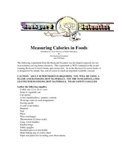 Measuring Calories in Foods Furnished as a Free Service to Home Educators By The Backyard Scientist Jane Hoffman