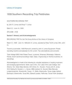 1939 Southern Recording Trip Fieldnotes: a machine-readable transcription.