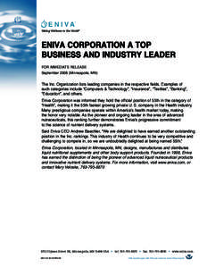 Taking Wellness to the World®  ENIVA CORPORATION A TOP BUSINESS AND INDUSTRY LEADER FOR IMMEDIATE RELEASE SeptemberMinneapolis, MN)