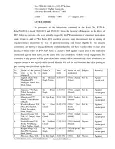 No. EDN-H(19)B[removed]PTA-GenDirectorate of Higher Education, Himachal Pradesh, Shimla[removed]Dated 31st August, 2013