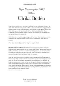 PRESSMEDDELANDE  Birger Norman-priset 2015 tilldelas  Ulrika Bodén