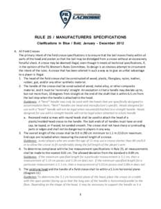 RULE 25 / MANUFACTURERS SPECIFICATIONS Clarifications in Blue / Bold; January – December 2012 A. All Field Crosses The primary intent of the field crosse specifications is to ensure that the ball moves freely within al