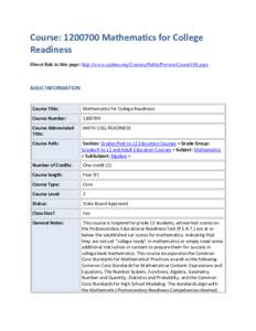 Course: [removed]Mathematics for College Readiness Direct link to this page: http://www.cpalms.org/Courses/PublicPreviewCourse188.aspx BASIC INFORMATION
