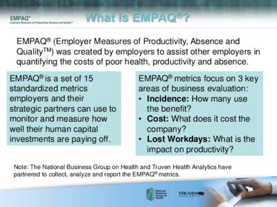 What is EMPAQ®? EMPAQ® (Employer Measures of Productivity, Absence and QualityTM) was created by employers to assist other employers in quantifying the costs of poor health, productivity and absence. EMPAQ® is a set o
