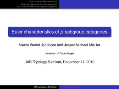 Euler characteristics of matrices Euler characteristics of fusion categories Euler characteristics of p-subgroup categories Euler characteristics of p-subgroup categories Martin Wedel Jacobsen and Jesper Michael Møl·le